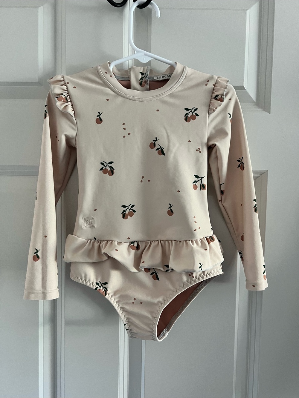 Long-Sleeve Peach Print Ruffle One-Piece Swimsuit - Cream